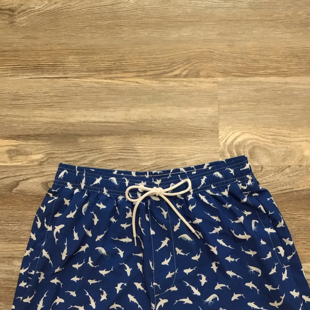 SHEIN Blue and White Shark Print Swim Trunks Built In Boxer Brief Medium